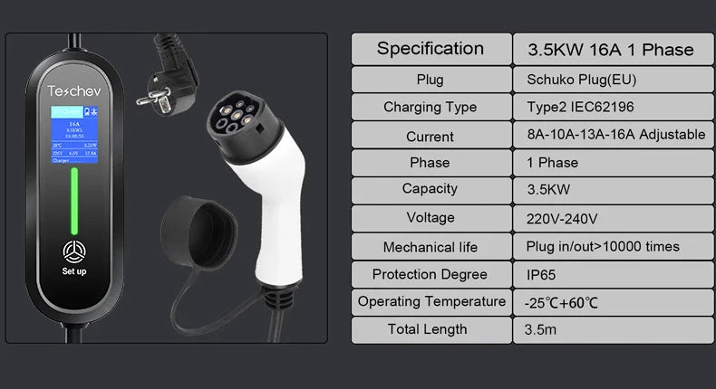 Teschev 220V 230V 16A Portable EV Charger Type2 Charging Cable IEC62196-2 Wallbox Cord Schuko Plug for Electric Car
