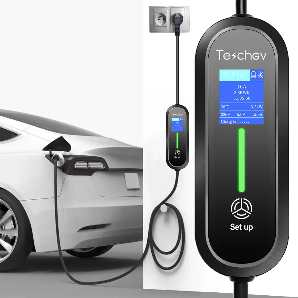 Teschev 220V 230V 16A Portable EV Charger Type2 Charging Cable IEC62196-2 Wallbox Cord Schuko Plug for Electric Car