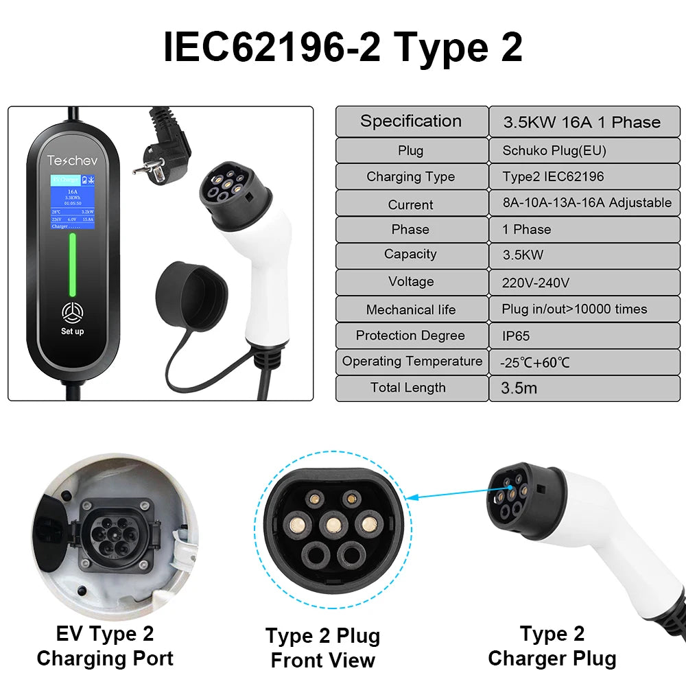 Teschev 220V 230V 16A Portable EV Charger Type2 Charging Cable IEC62196-2 Wallbox Cord Schuko Plug for Electric Car