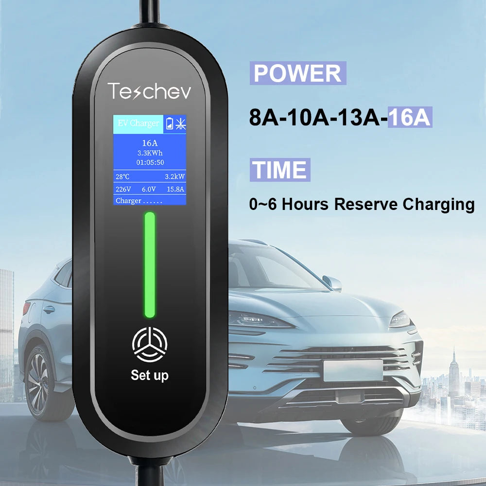 Teschev 220V 230V 16A Portable EV Charger Type2 Charging Cable IEC62196-2 Wallbox Cord Schuko Plug for Electric Car